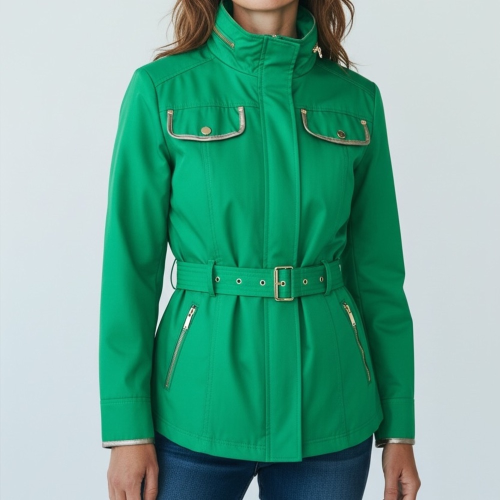 Michael Kors Kelly Green Hidden Hood Belt Trench Coat bronze faux-leather trim